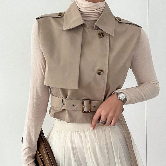 Khaki Casual Womens Lapel Neck Belted Vest Jacket - Picture 4 of 6